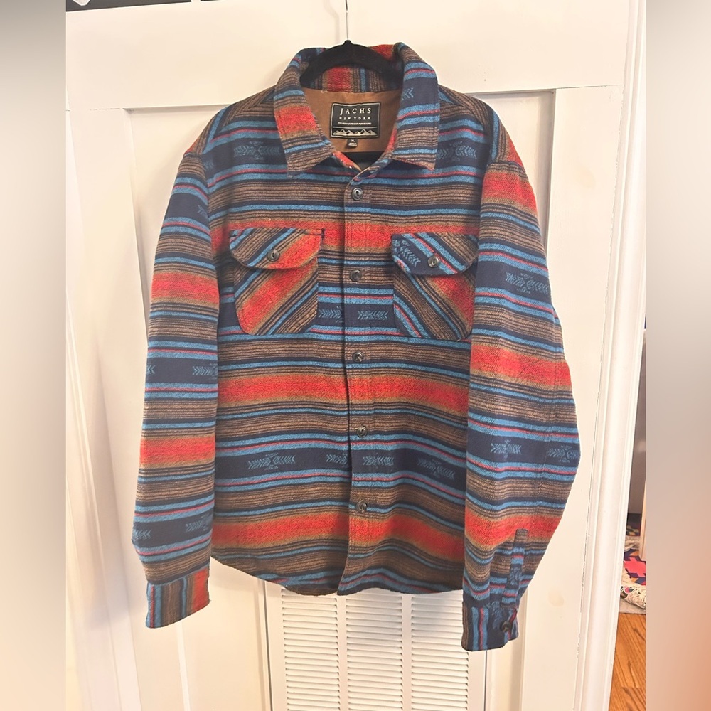 Jachs Men's Aztec Red and Blue Striped Button Down Shirt Jacket Xl